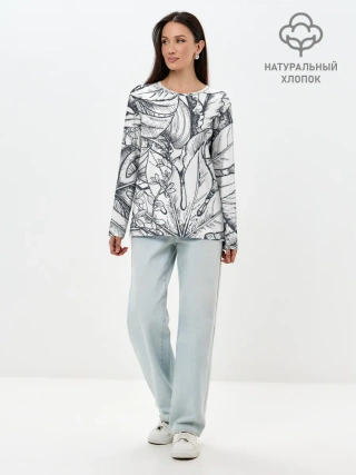 Лонгслив женский. Хлопок / Тропические листья