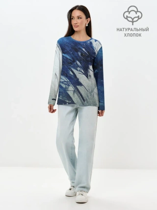 Лонгслив женский. Хлопок / Серо-синее абстрактное