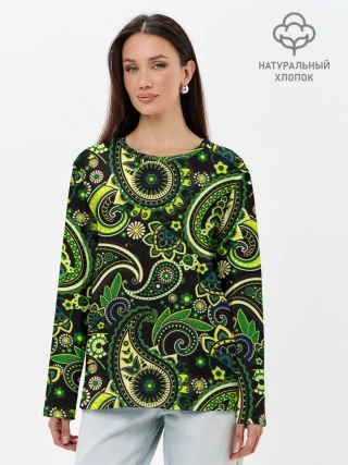 Лонгслив женский. Хлопок / Ярко зеленые славянские узоры