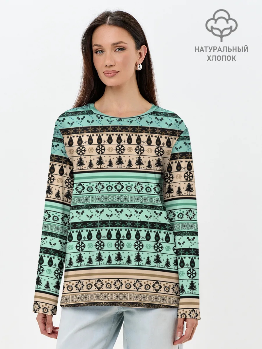 Лонгслив женский. Хлопок / Новогодний зимний орнамент