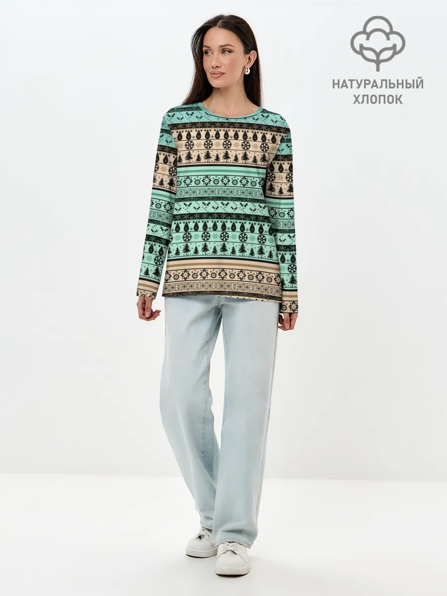 Лонгслив женский. Хлопок / Новогодний зимний орнамент