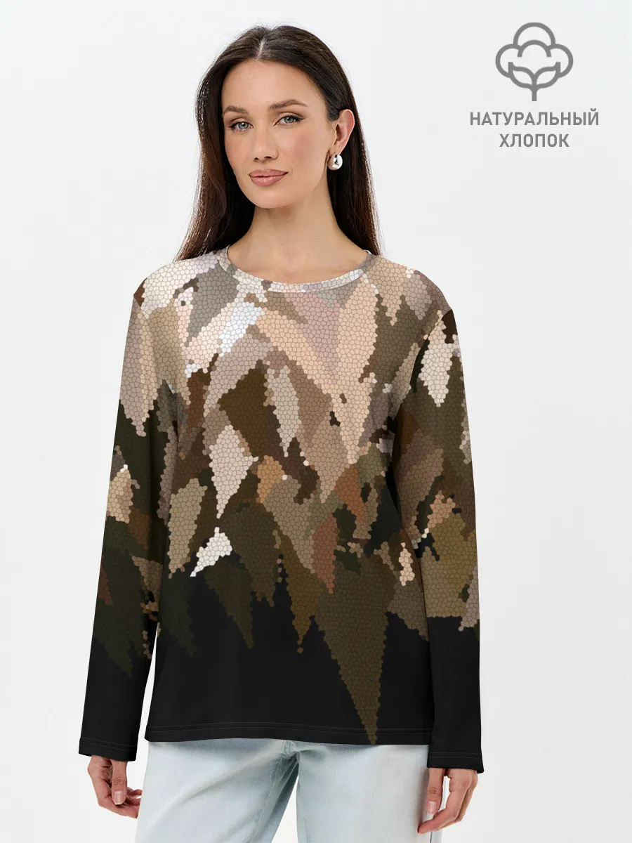 Лонгслив женский. Хлопок / Бежево-коричневая мозаика