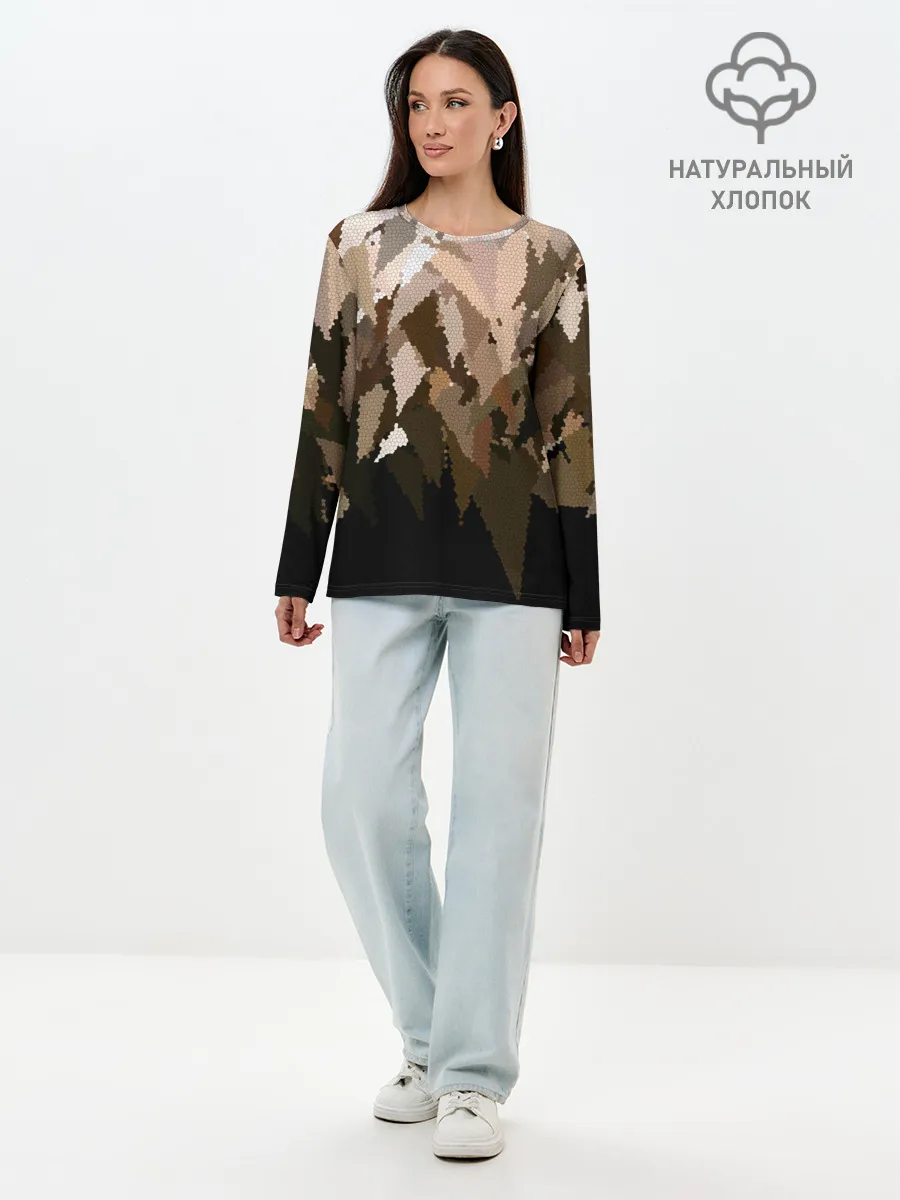 Лонгслив женский. Хлопок / Бежево-коричневая мозаика