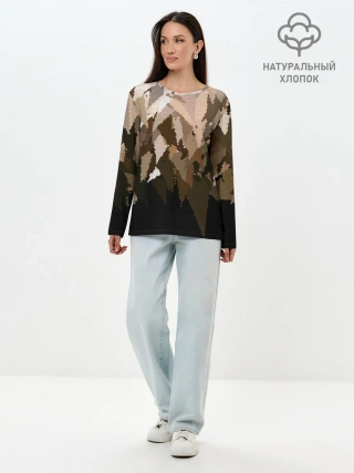 Лонгслив женский. Хлопок / Бежево-коричневая мозаика
