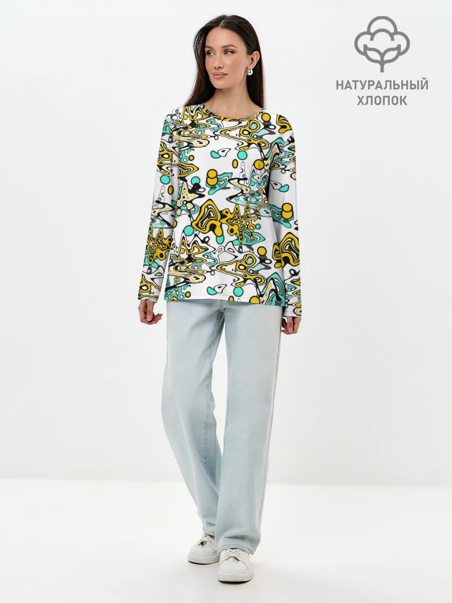 Лонгслив женский. Хлопок / Бирюзово-желтый узор