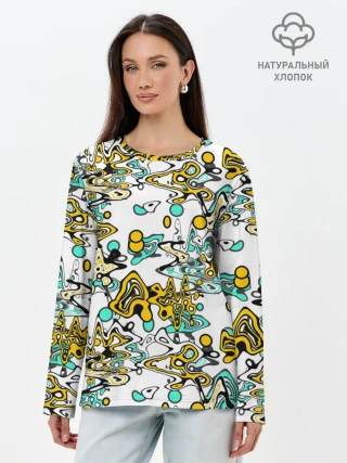 Лонгслив женский. Хлопок / Бирюзово-желтый узор