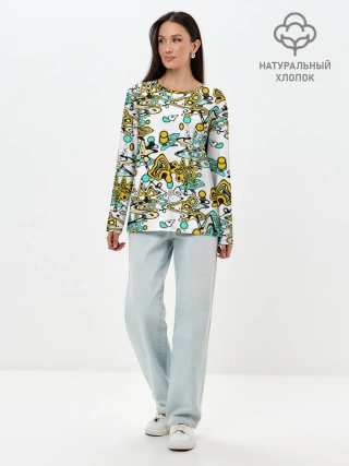 Лонгслив женский. Хлопок / Бирюзово-желтый узор