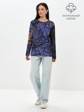 Лонгслив женский. Хлопок / Синий-бежевый абстрактный узор