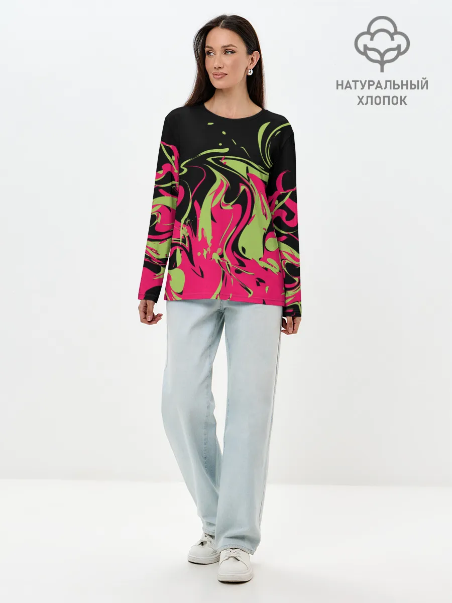 Лонгслив женский. Хлопок / Черно малиновый абстрактный