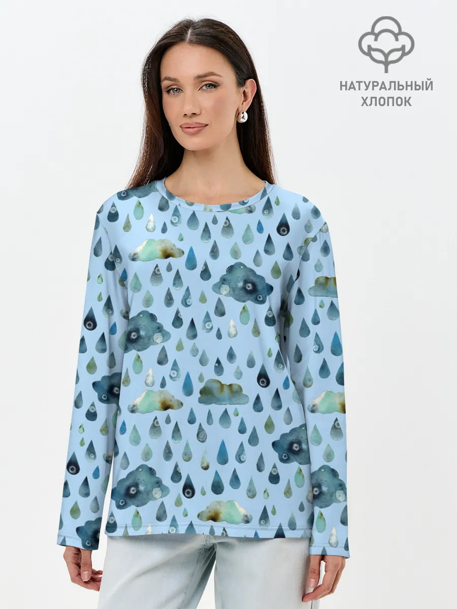 Лонгслив женский. Хлопок / Дождливая осень.Тучки и дождь