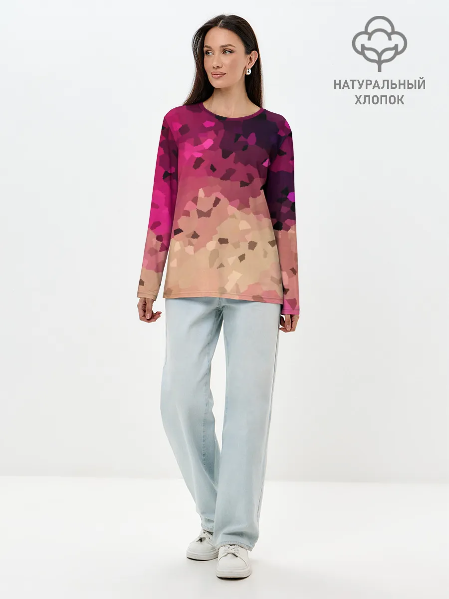 Лонгслив женский. Хлопок / Бежево-малиновый абстрактный