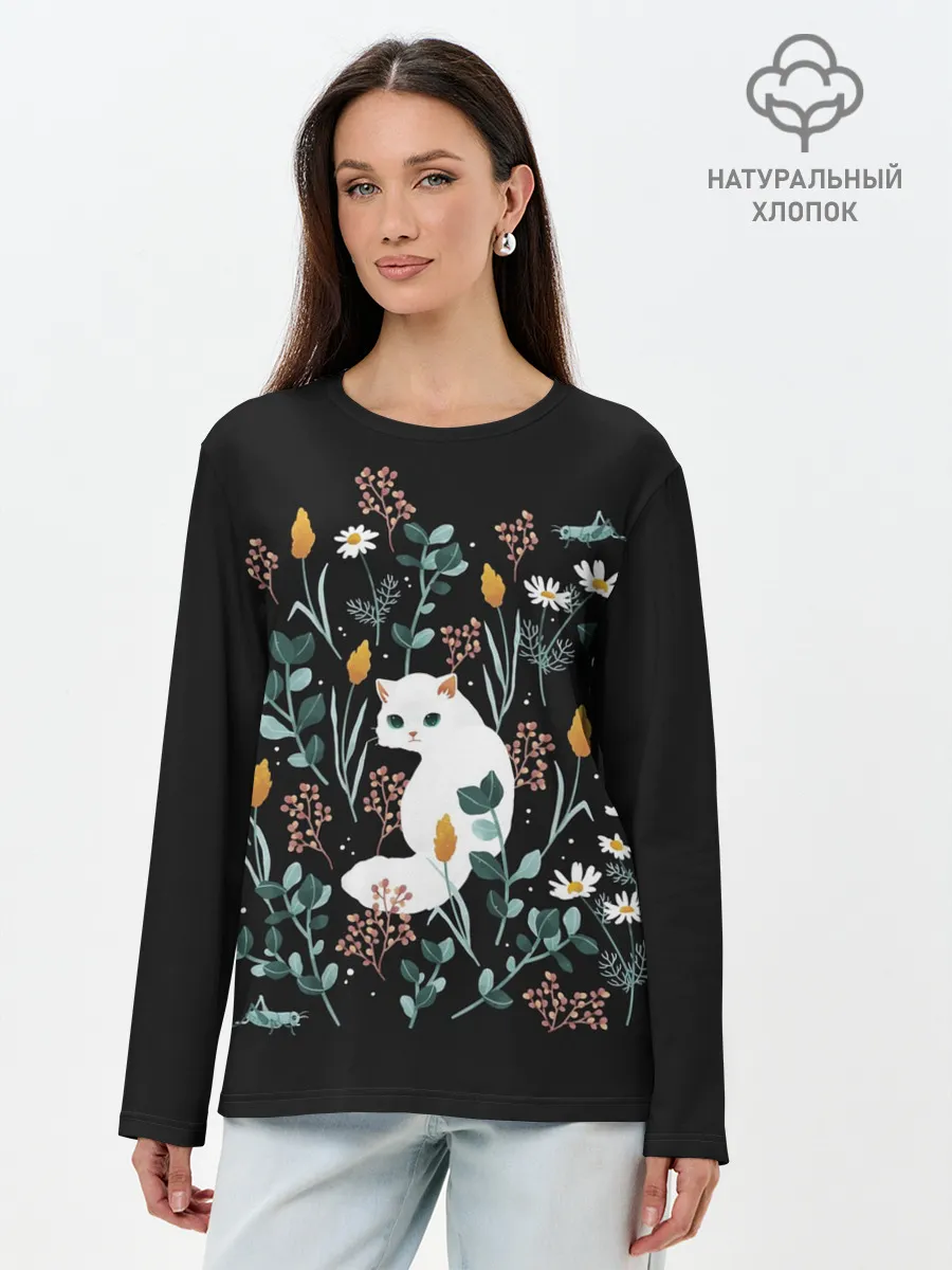 Лонгслив женский. Хлопок / Кошечка среди цветов