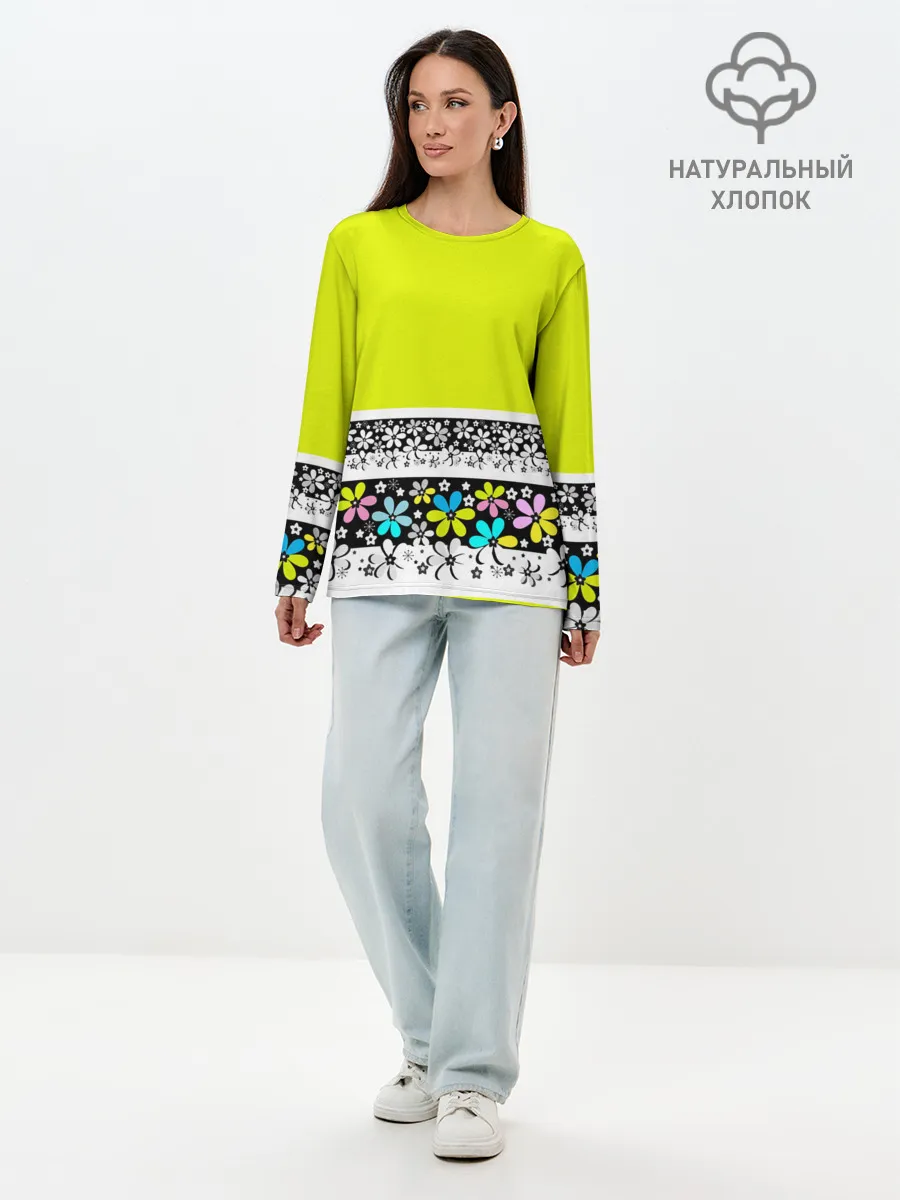 Лонгслив женский. Хлопок / Яркий цветочный узор