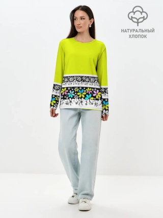 Лонгслив женский. Хлопок / Яркий цветочный узор