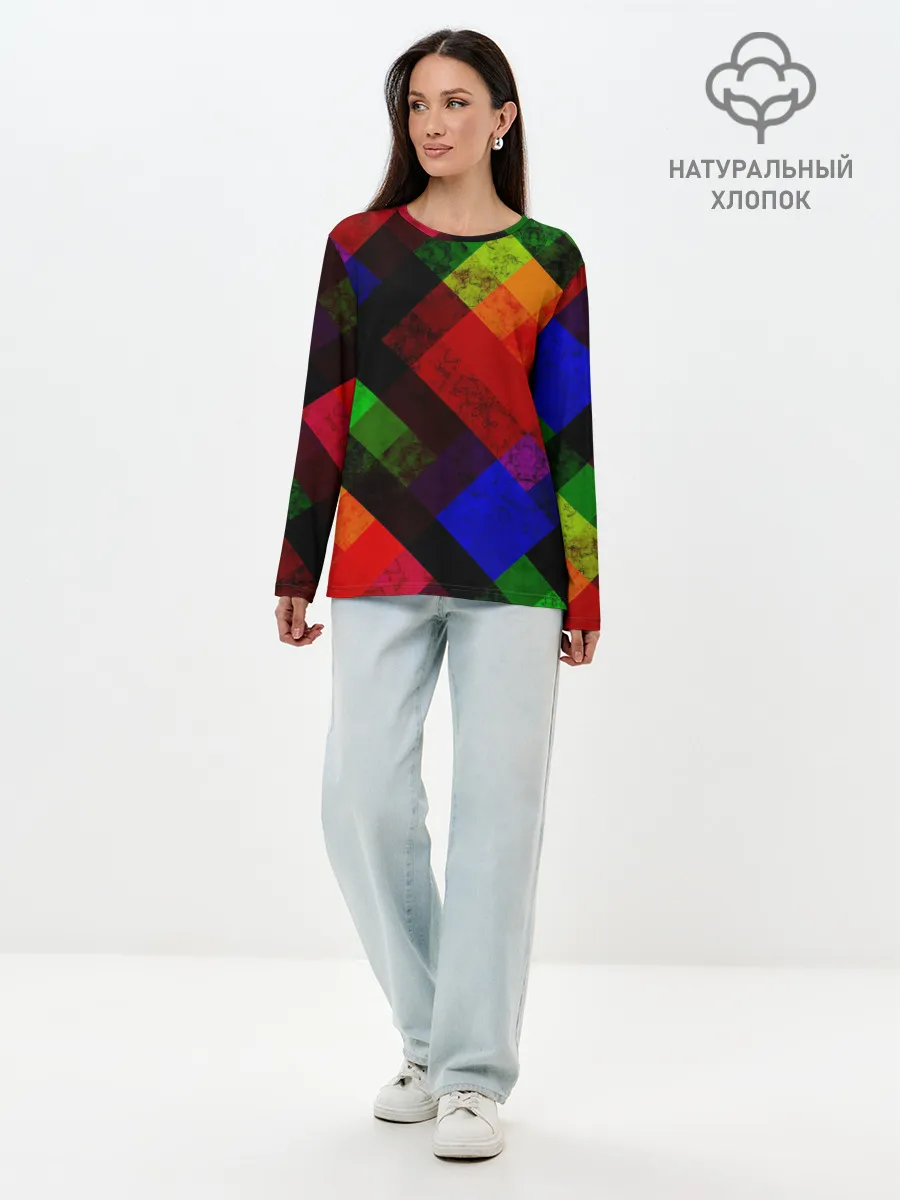 Лонгслив женский. Хлопок / Яркий геометрический узор