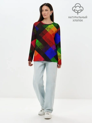 Лонгслив женский. Хлопок / Яркий геометрический узор