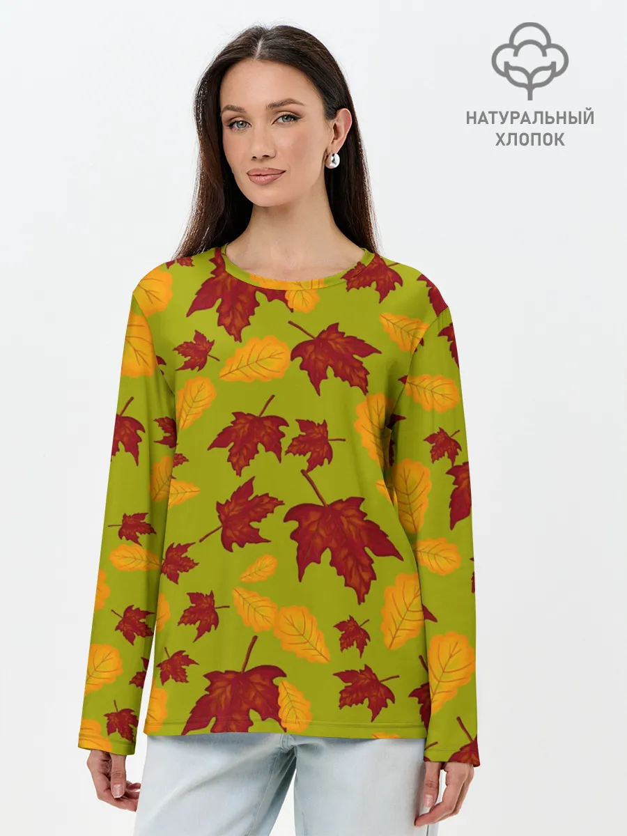 Лонгслив женский. Хлопок / осенние листья клён и дуб