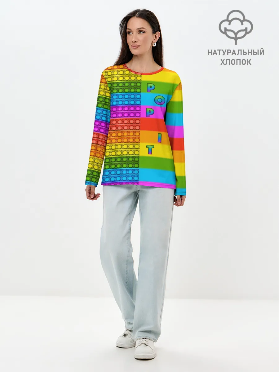 Лонгслив женский. Хлопок / POP it вертикальная надпись