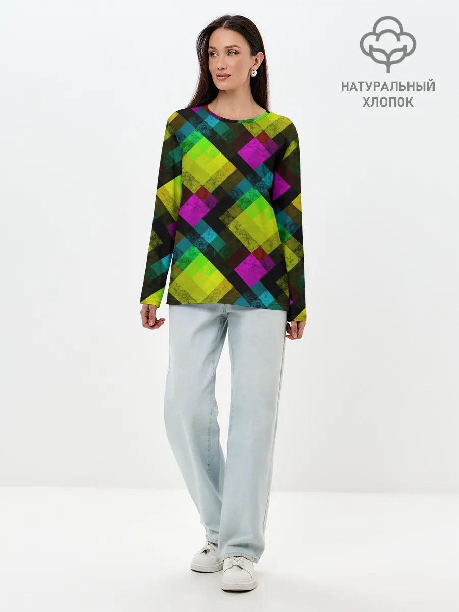 Лонгслив женский. Хлопок / Абстрактный разноцветный узор