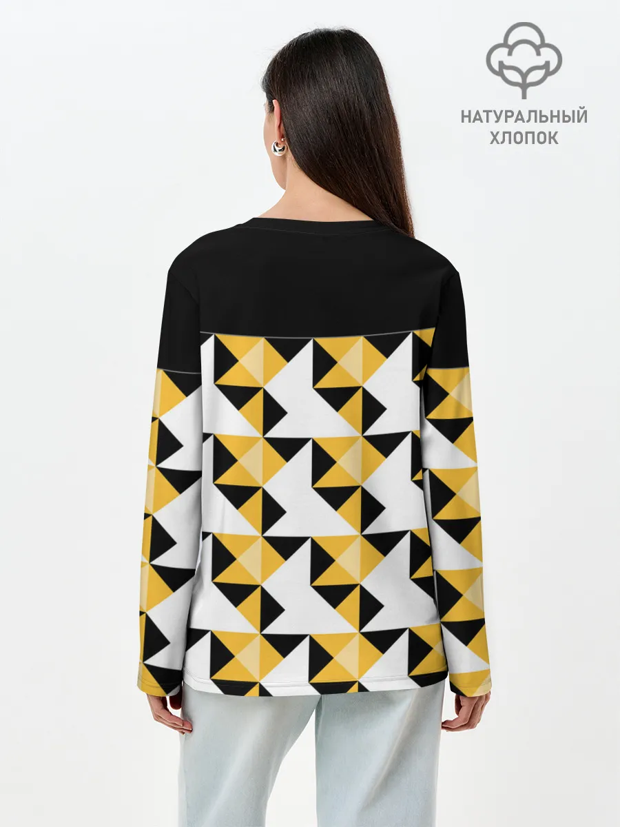 Лонгслив женский. Хлопок / Черно-желтый геометрический