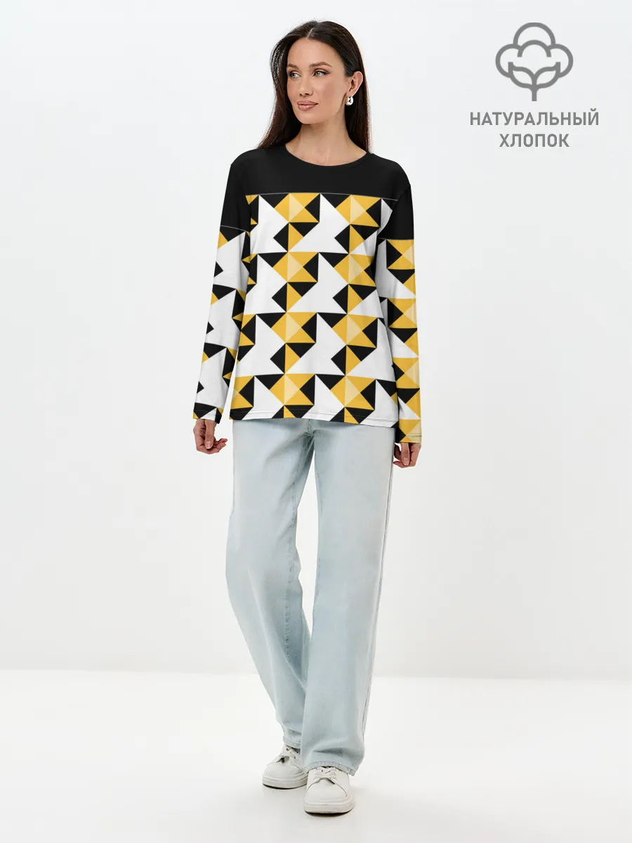 Лонгслив женский. Хлопок / Черно-желтый геометрический