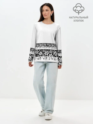 Лонгслив женский. Хлопок / Черно-белый цветочный принт