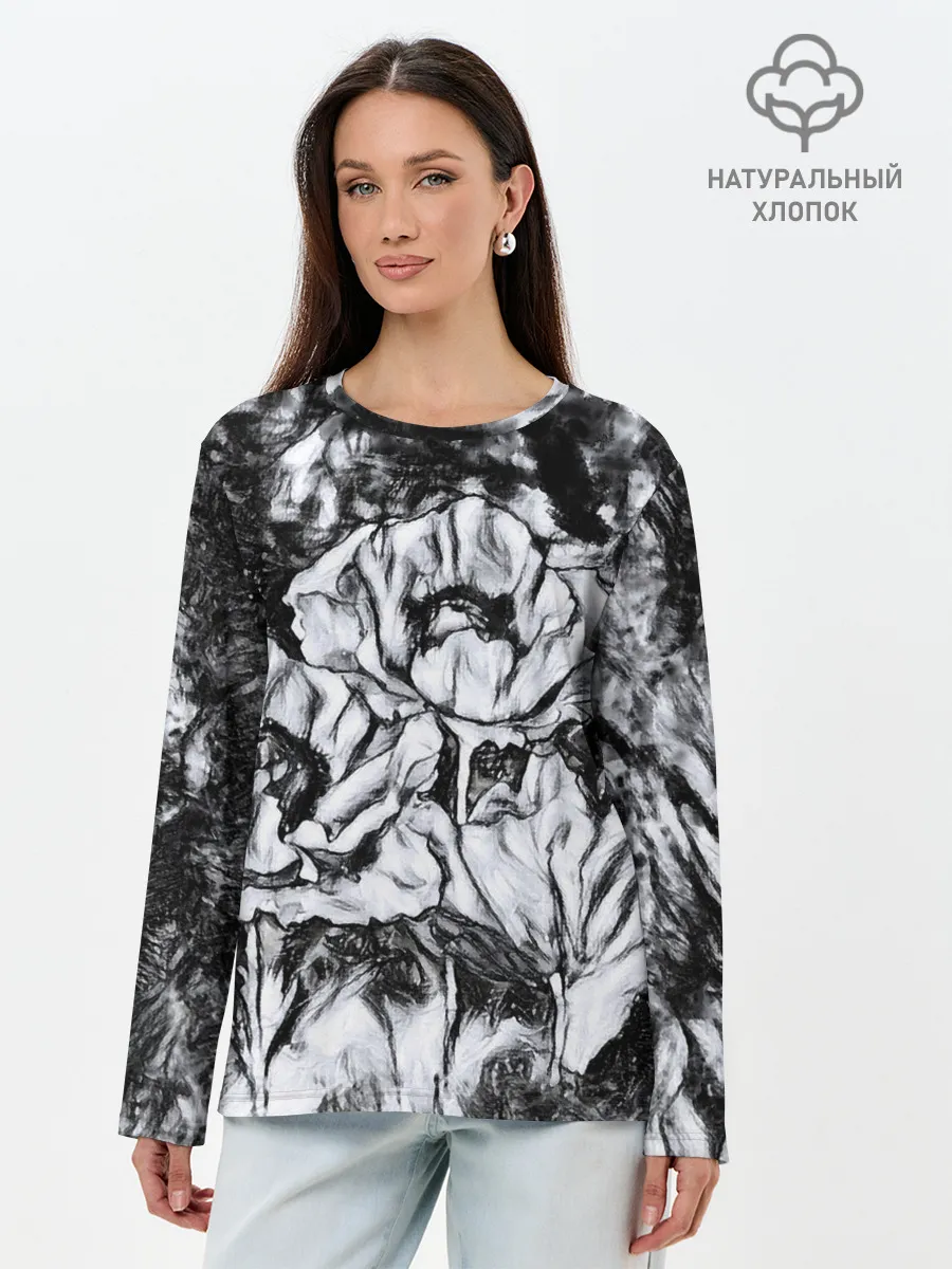 Лонгслив женский. Хлопок / Черно-белый узор. Маки.