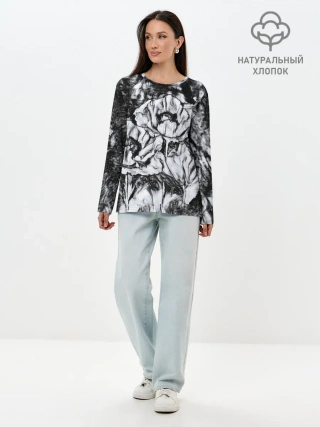 Лонгслив женский. Хлопок / Черно-белый узор. Маки.