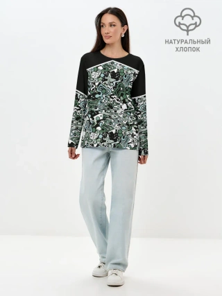Лонгслив женский. Хлопок / Черно-зеленые каракули