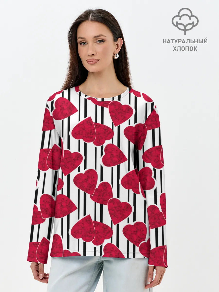 Лонгслив женский. Хлопок / Полосатый узор сердце
