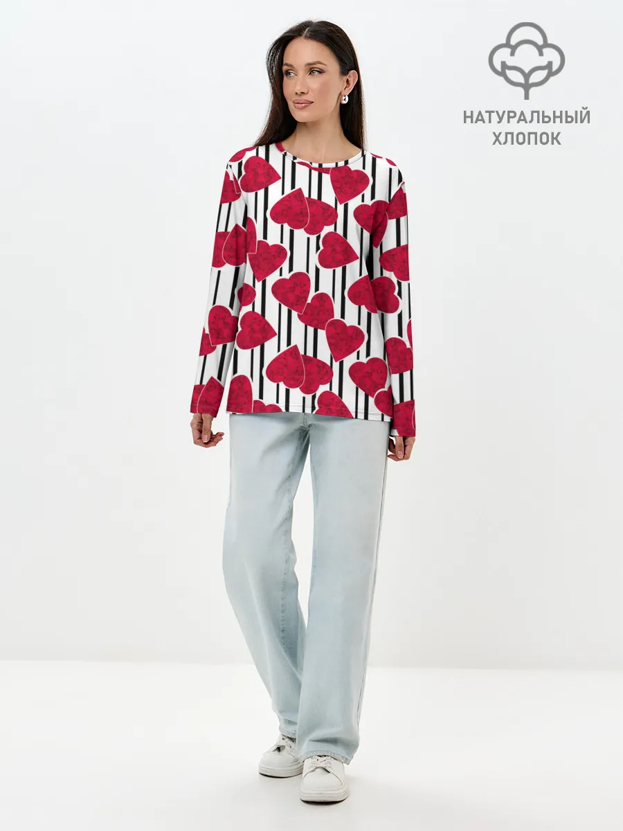 Лонгслив женский. Хлопок / Полосатый узор сердце