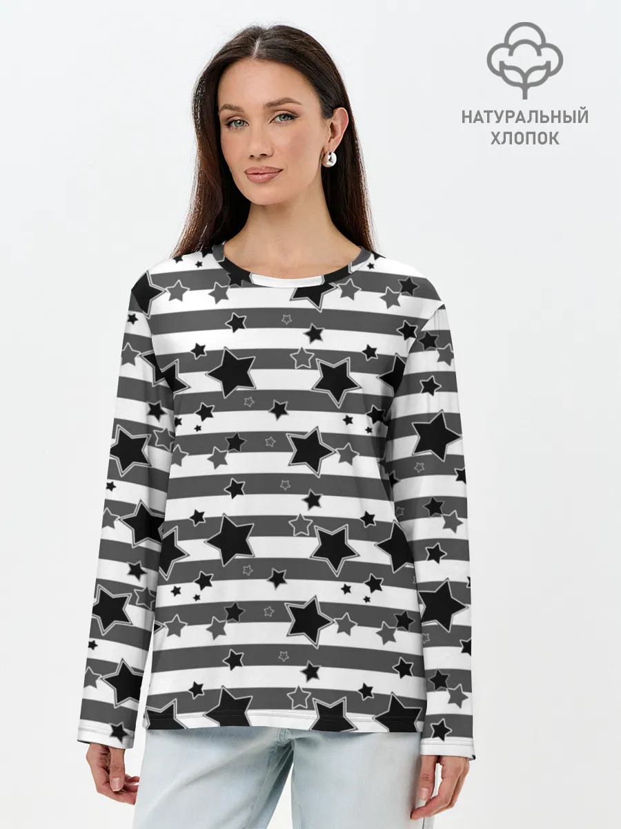 Лонгслив женский. Хлопок / Черно-белый полосатый узор