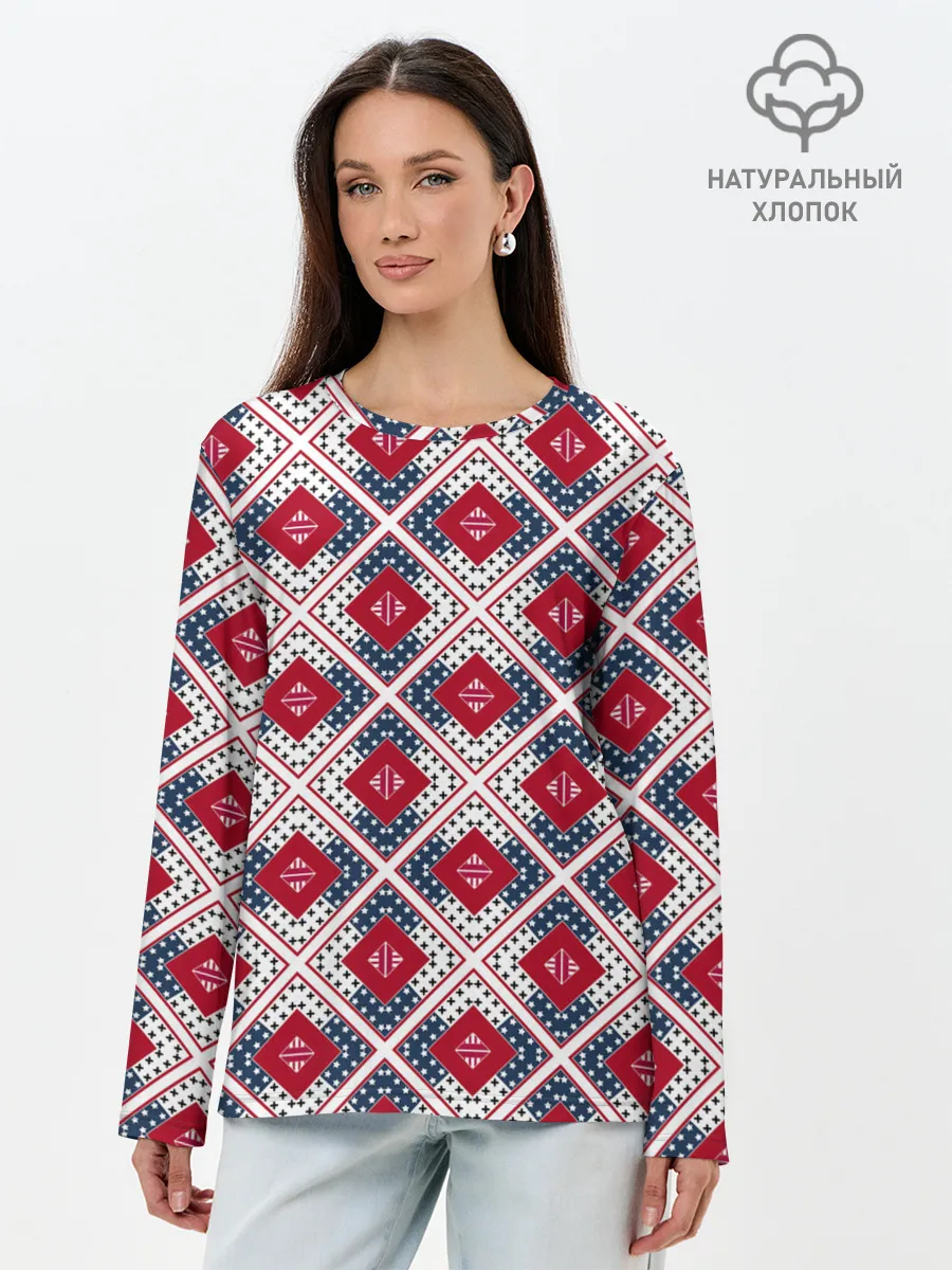 Лонгслив женский. Хлопок / Красно-синий плед -клетка