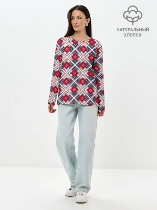 Лонгслив женский. Хлопок / Красно-синий плед -клетка