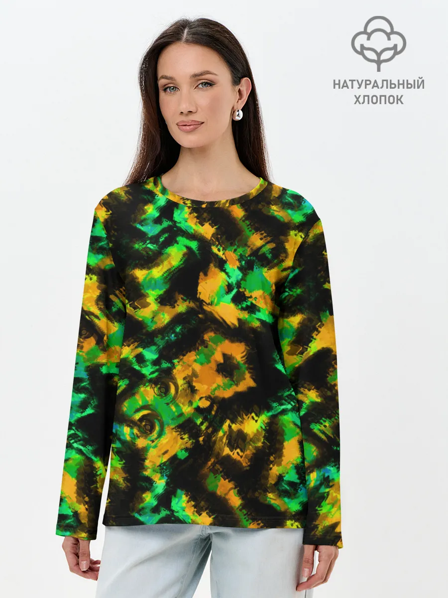 Лонгслив женский. Хлопок / Абстрактный желто-зеленый узор