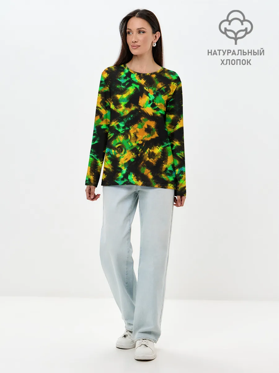 Лонгслив женский. Хлопок / Абстрактный желто-зеленый узор