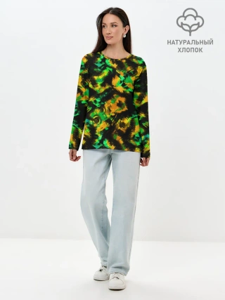 Лонгслив женский. Хлопок / Абстрактный желто-зеленый узор