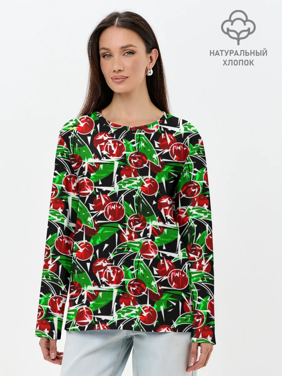 Лонгслив женский. Хлопок / Абстрактный узор спелая вишня