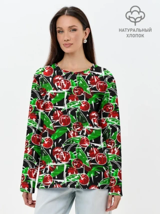 Лонгслив женский. Хлопок / Абстрактный узор спелая вишня