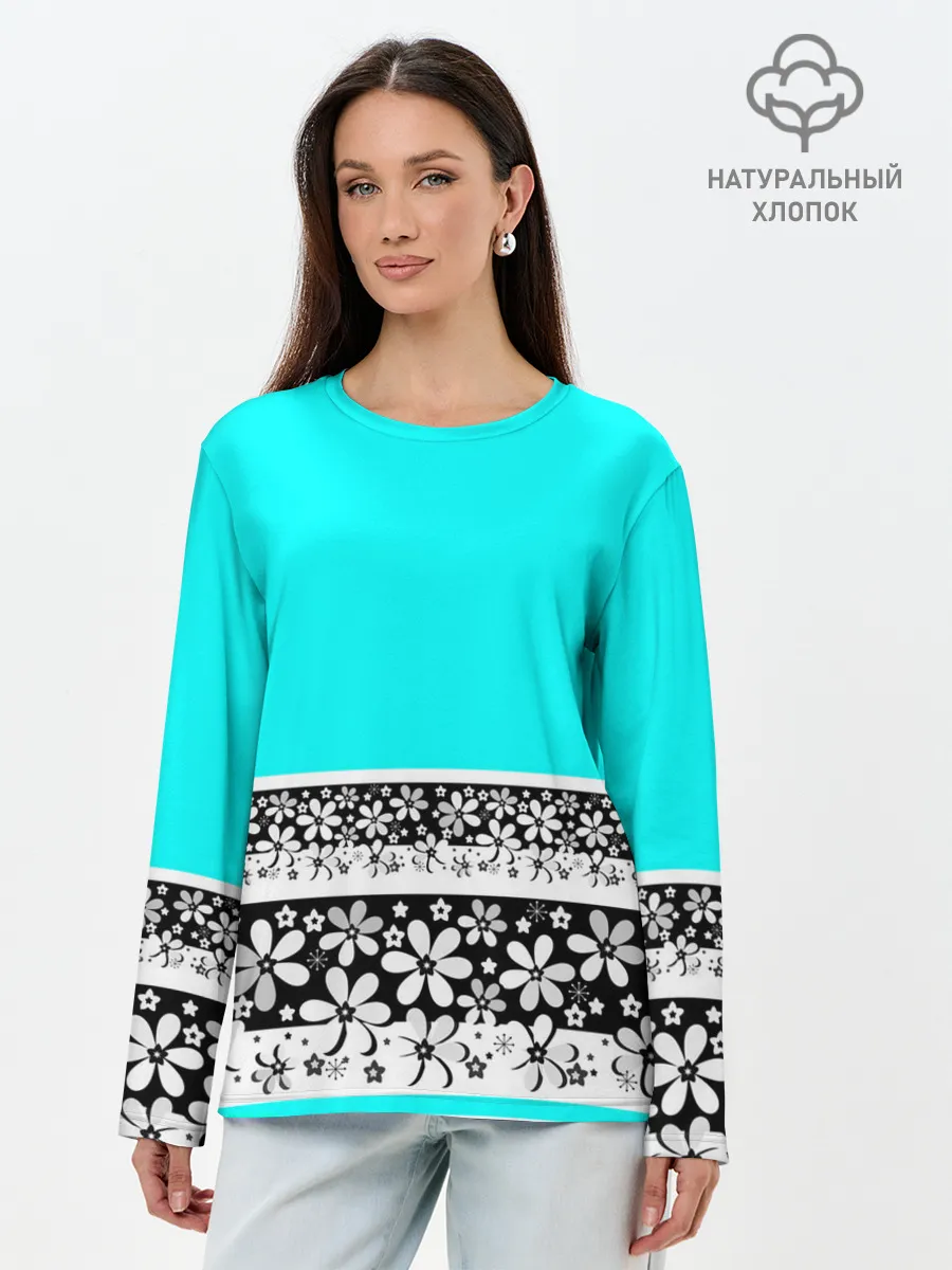 Лонгслив женский. Хлопок / Цветочный бирюзовый узор