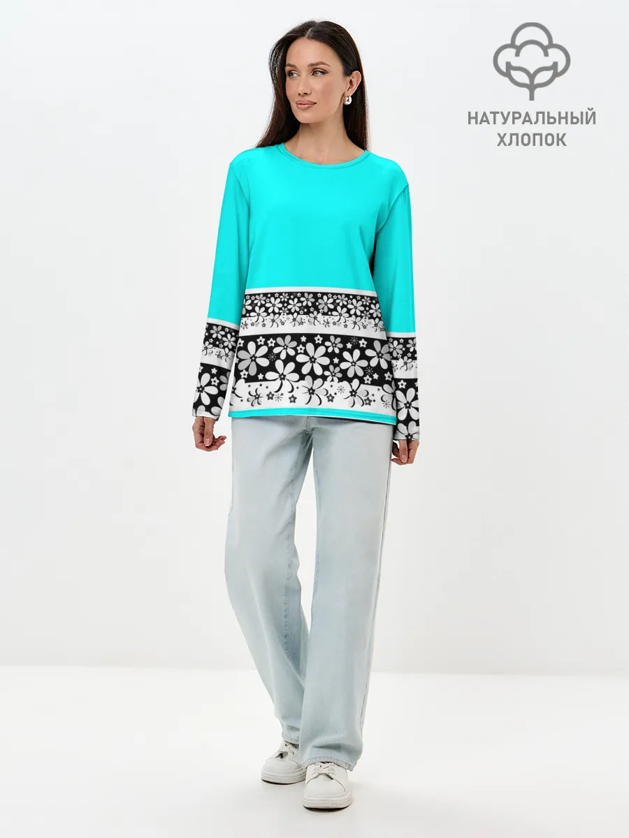 Лонгслив женский. Хлопок / Цветочный бирюзовый узор
