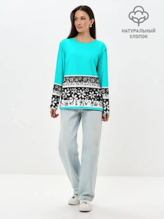 Лонгслив женский. Хлопок / Цветочный бирюзовый узор