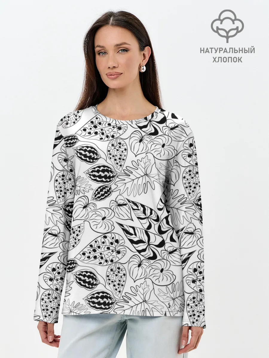 Лонгслив женский. Хлопок / Черно-белый узор Тропики