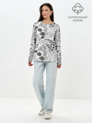Лонгслив женский. Хлопок / Черно-белый узор Тропики