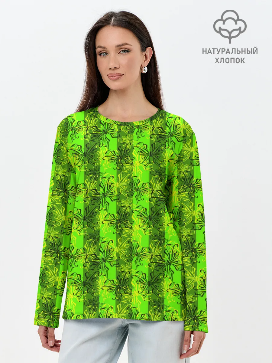 Лонгслив женский. Хлопок / Неоновый полосатый узор