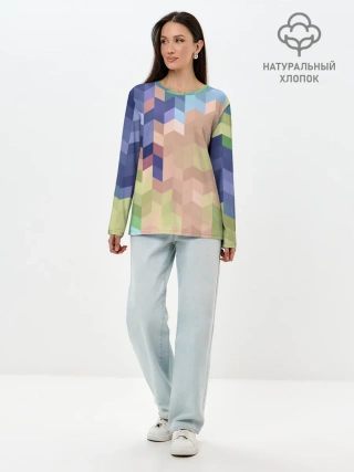 Лонгслив женский. Хлопок / Абстрактный бежево-синий узор