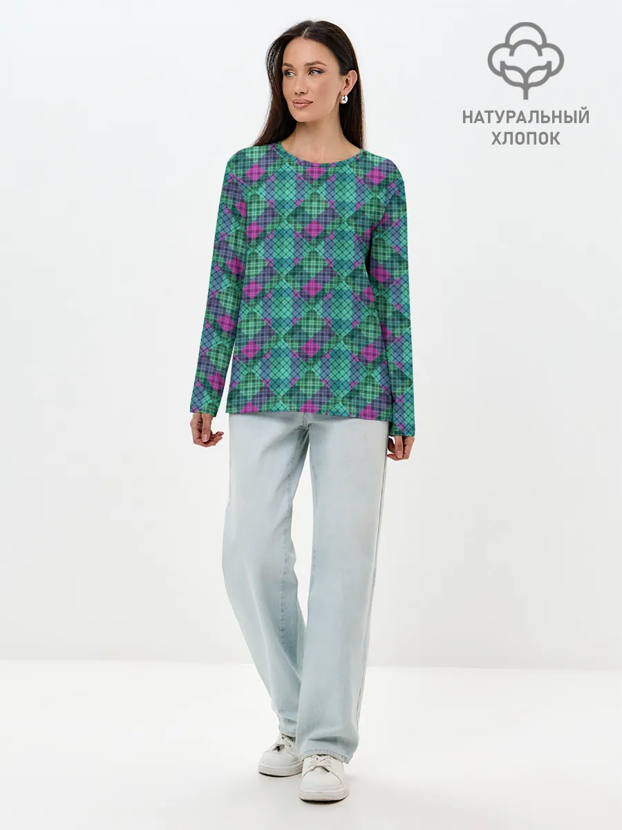 Лонгслив женский. Хлопок / Бирюзовый клетчатый узор