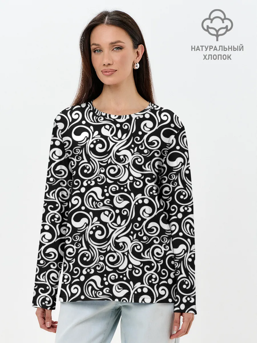 Лонгслив женский. Хлопок / Черно-белая роспись