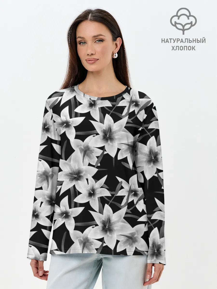 Лонгслив женский. Хлопок / Лилии черно-белые