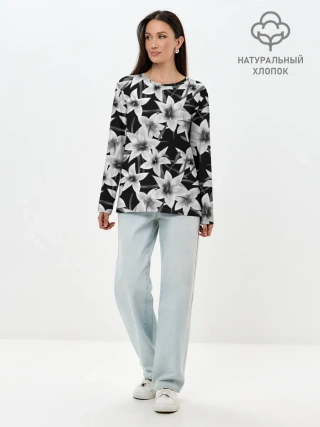 Лонгслив женский. Хлопок / Лилии черно-белые